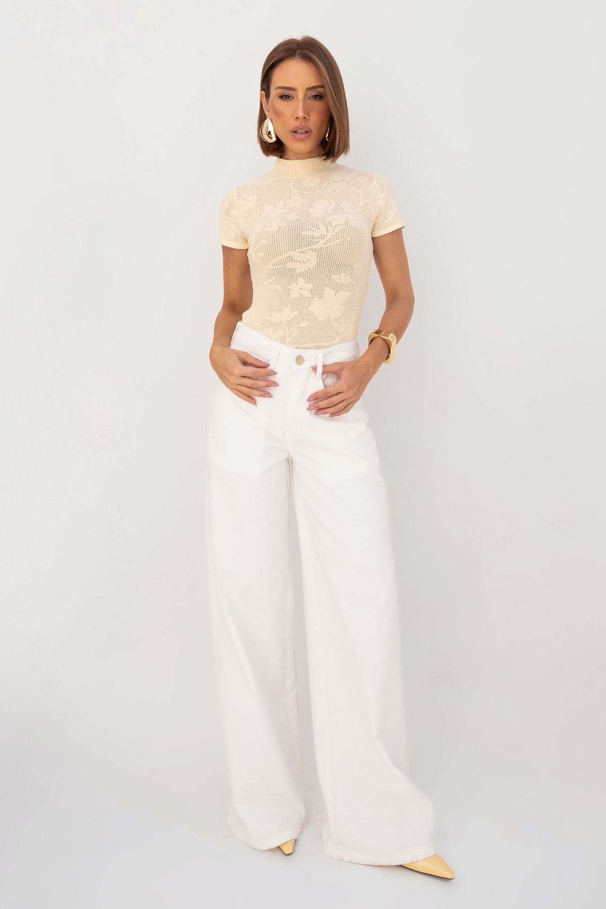 Body Manga Curta Rendado Tricot