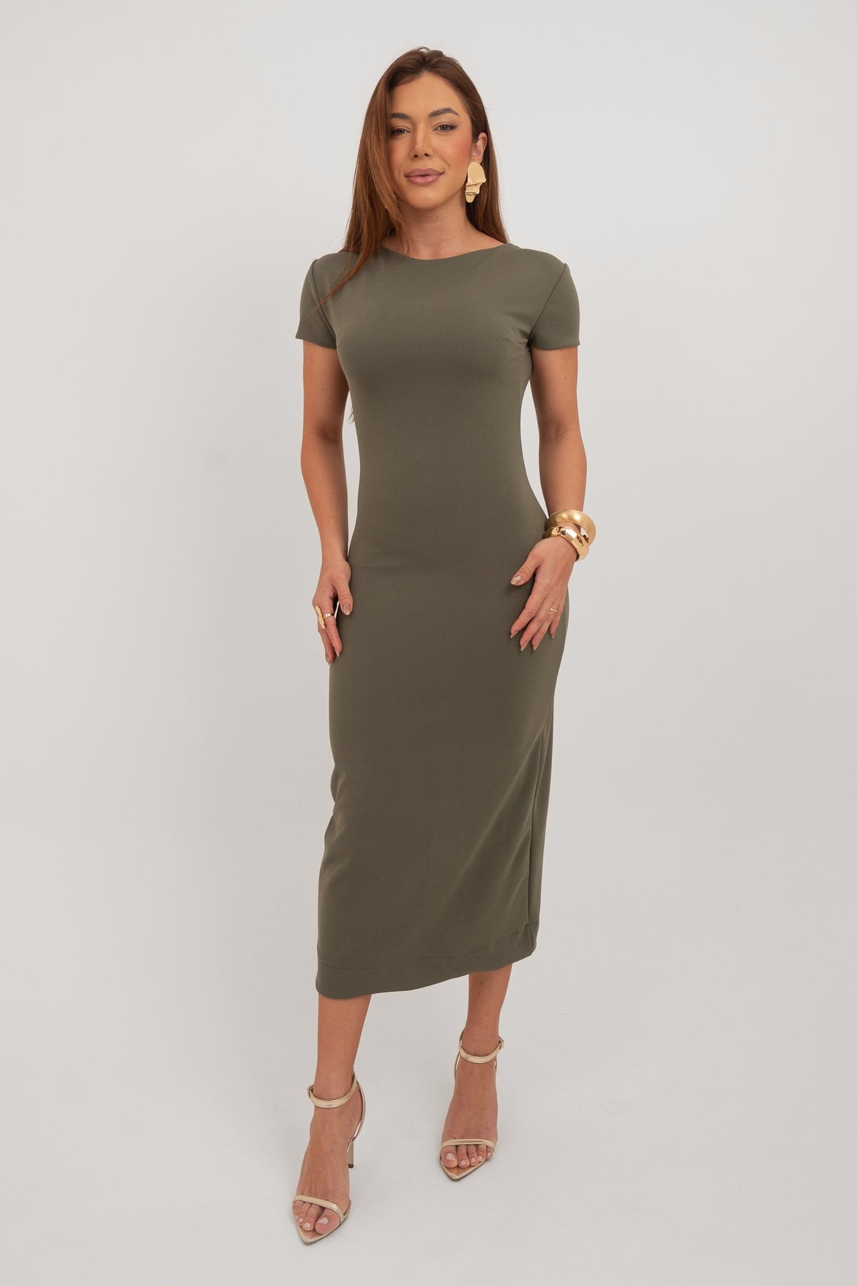 Vestido Midi Tubinho Manga Curta