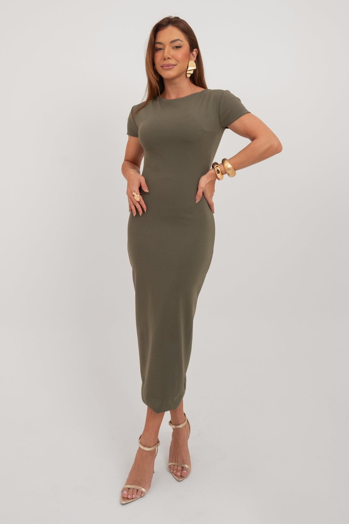 Vestido Midi Tubinho Manga Curta