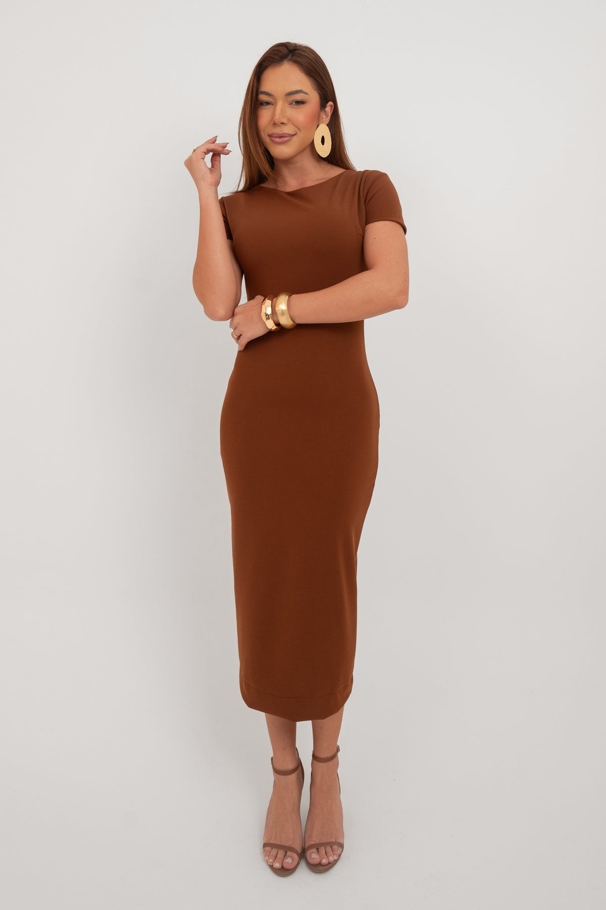Vestido Midi Tubinho Manga Curta