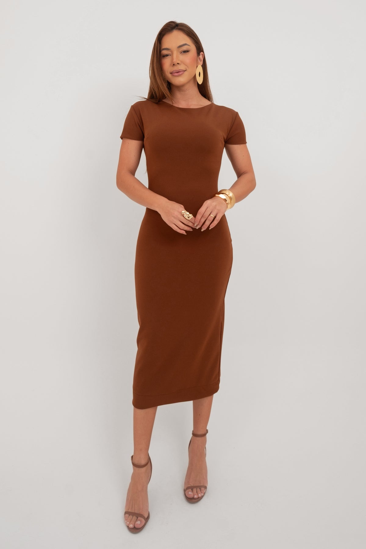 Vestido Midi Tubinho Manga Curta