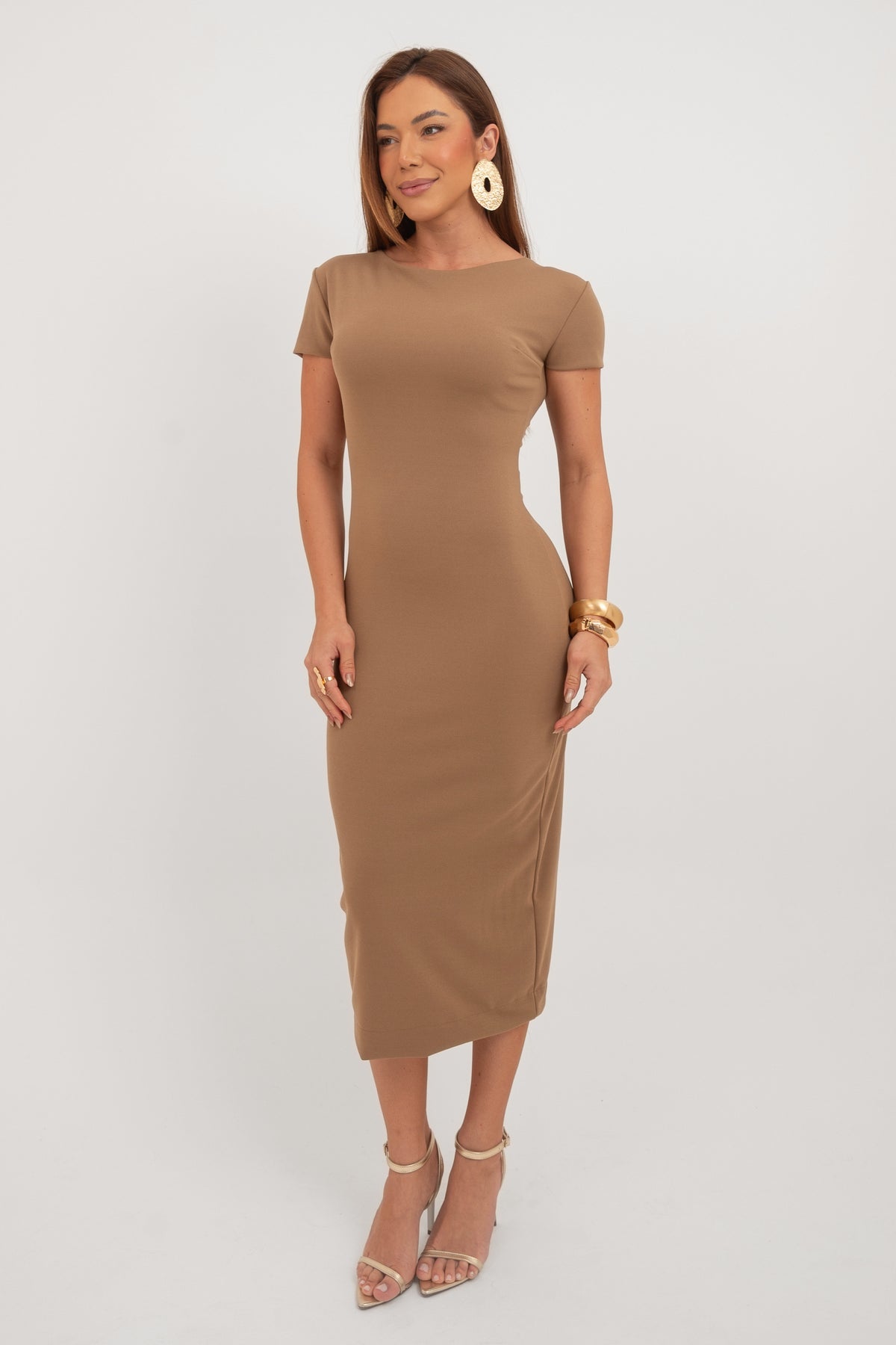 Vestido Midi Tubinho Manga Curta