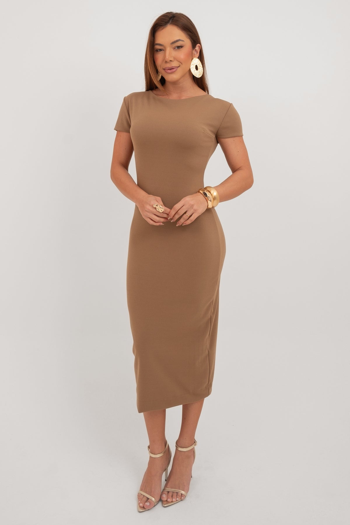 Vestido Midi Tubinho Manga Curta