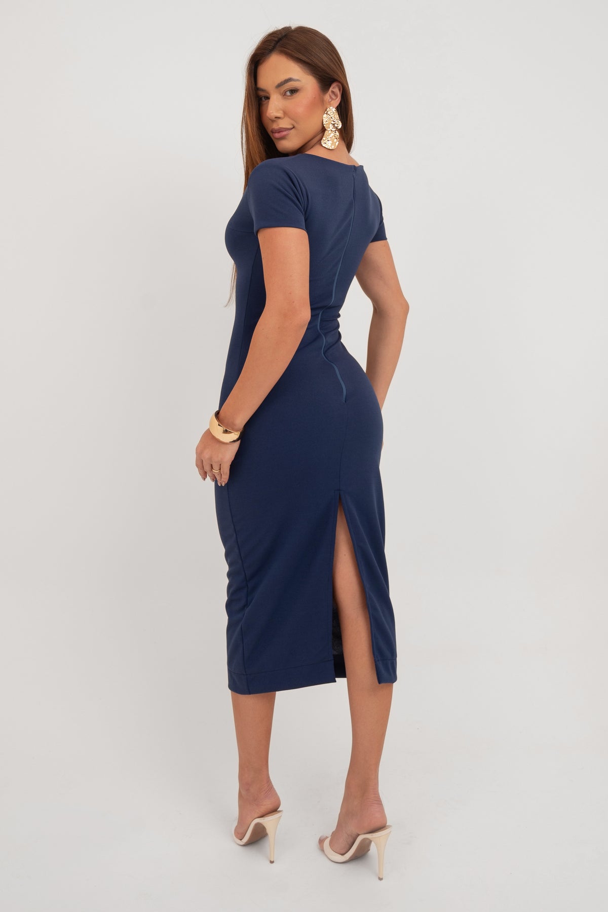 Vestido Midi Tubinho Manga Curta